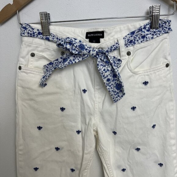 Ralph Lauren Nautical Girls White Pants Belted Blue Embroidery Boot Leg Sz 12 - Picture 2 of 13